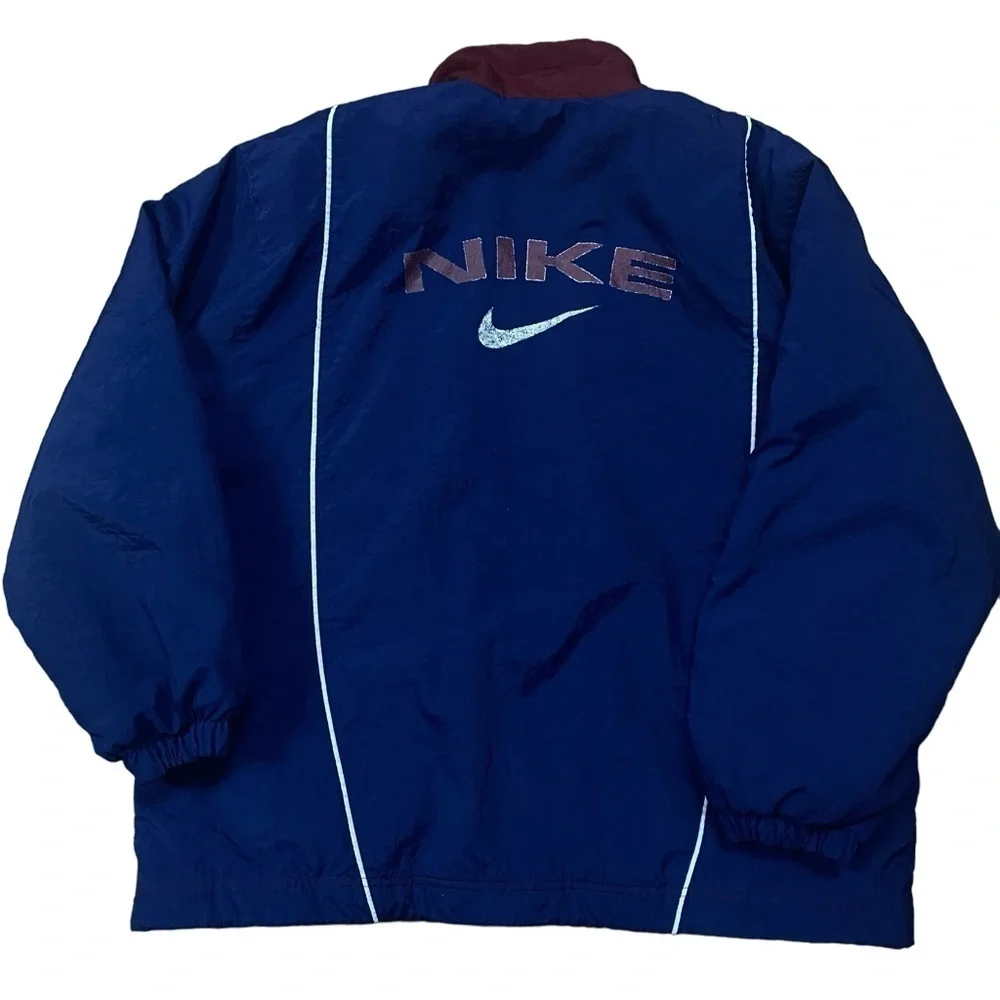Vintage 90’s Nike Swoosh Spell Out Burgundy Blue Jacket Size XL